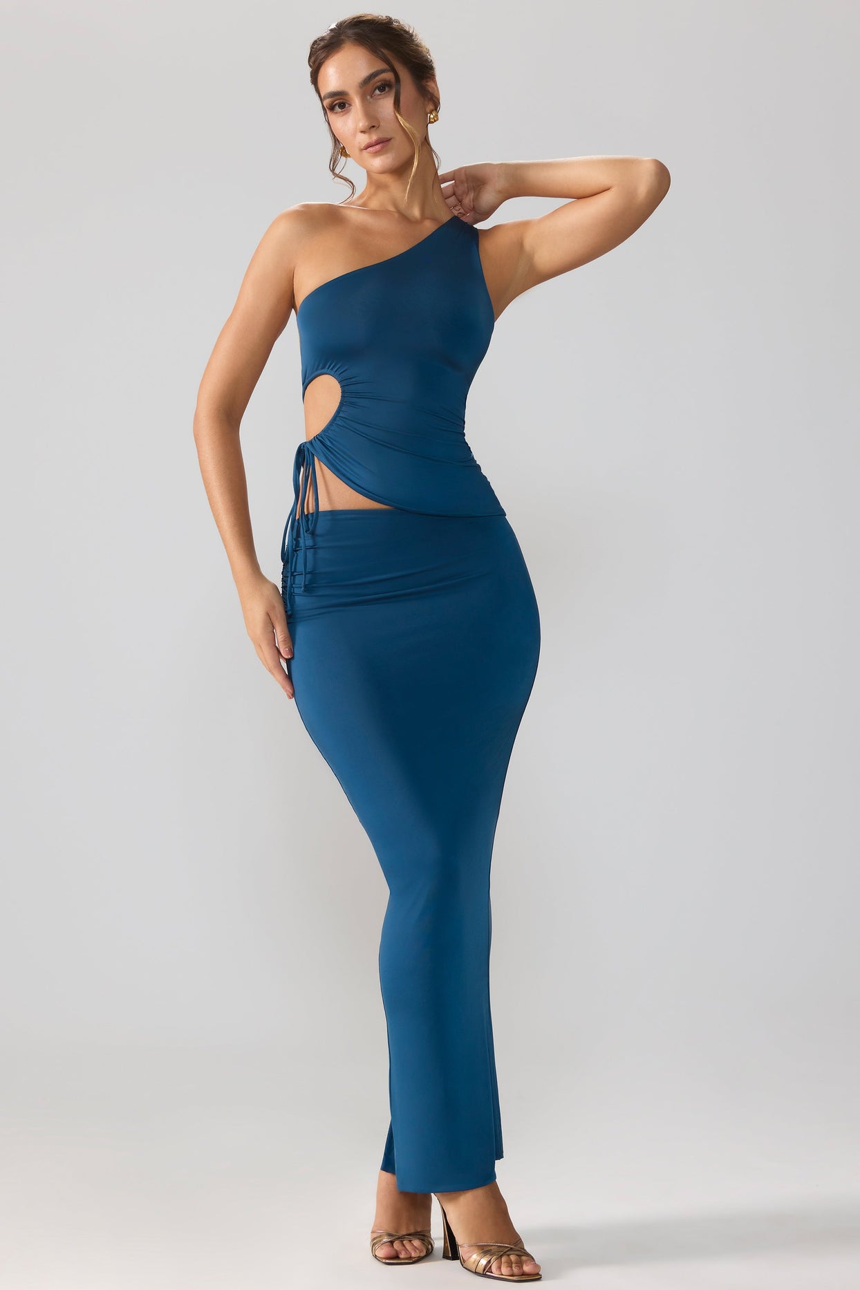 Slinky Jersey Asymmetric Waist Maxi Skirt in Midnight Blue