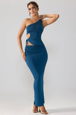 Slinky Jersey Asymmetric Waist Maxi Skirt in Midnight Blue