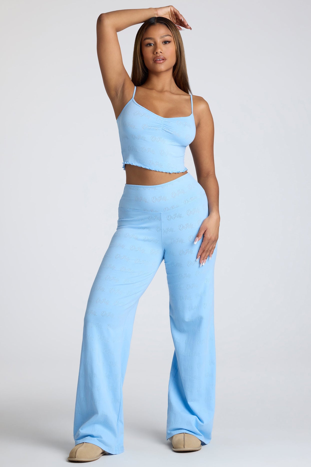 Loungewear Mid Rise Straight Leg Pointelle Trousers in Baby Blue
