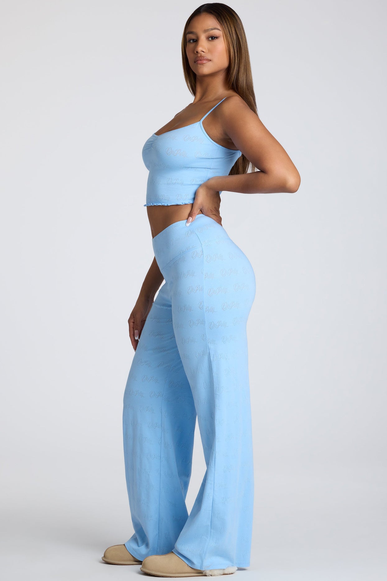 Tall Mid Rise Straight Leg Pointelle Trousers in Baby Blue