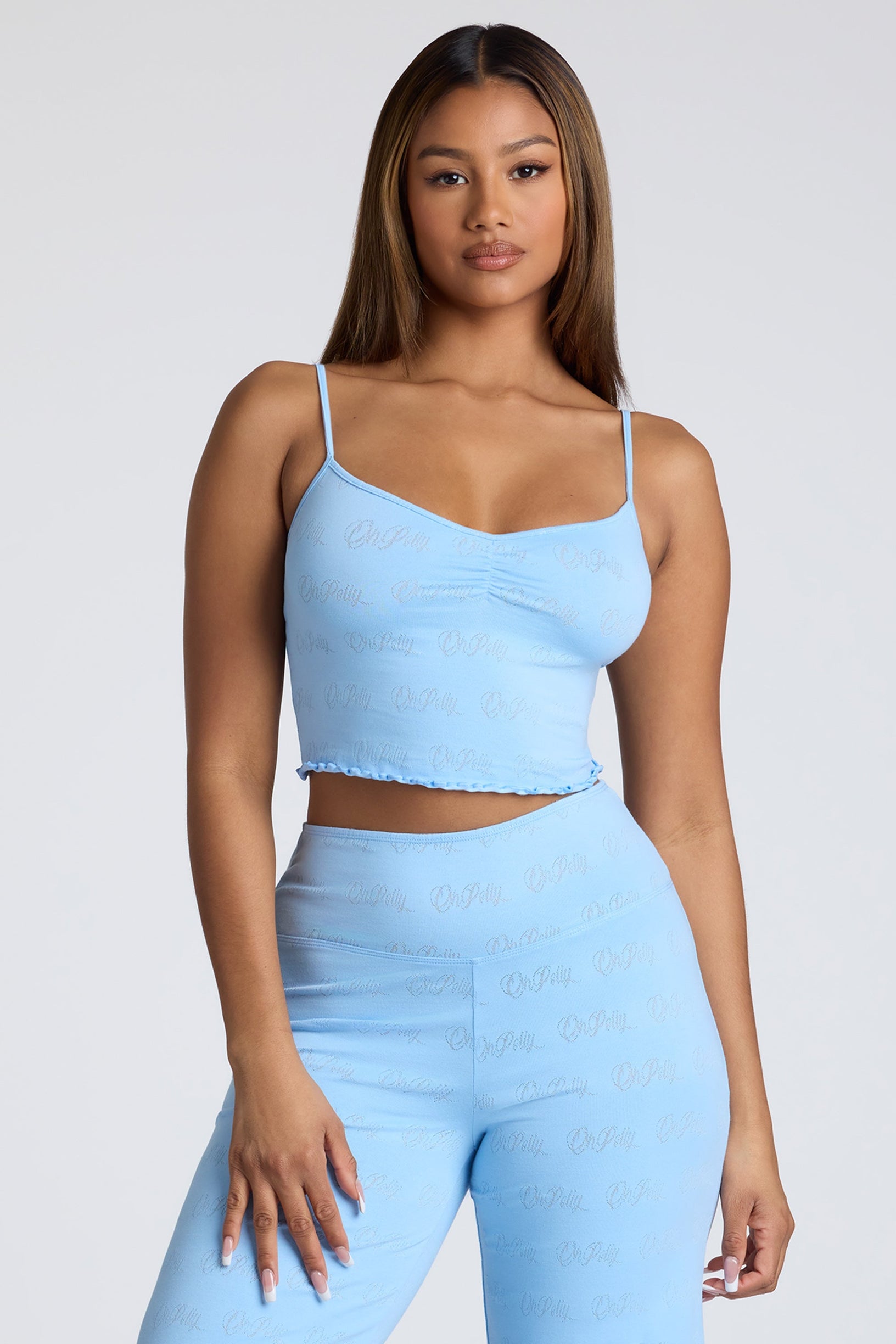 Strappy Ruched Pointelle Crop Top in Baby Blue - 1