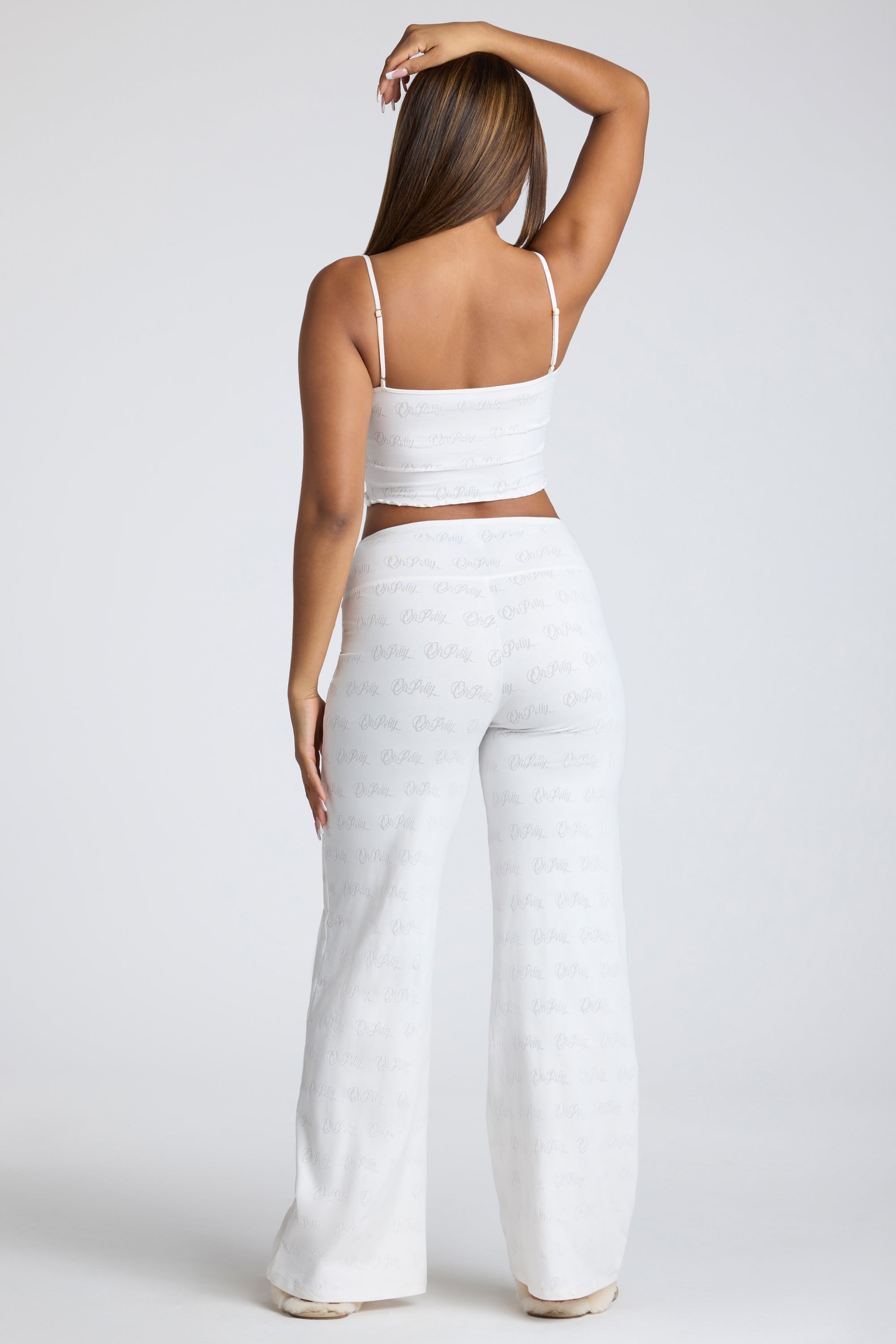 Petite Mid Rise Straight Leg Pointelle Trousers in White