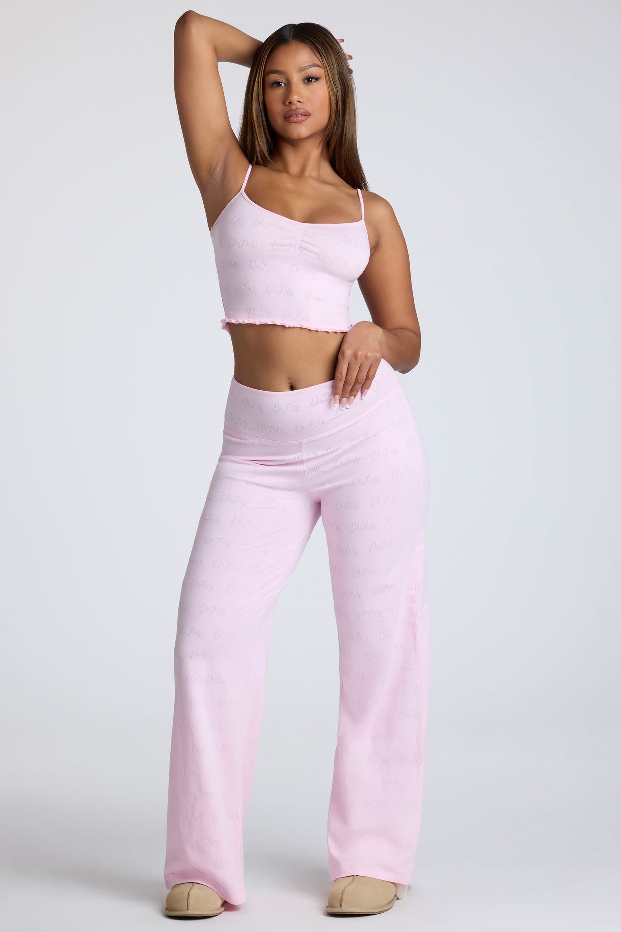 Mid Rise Straight Leg Pointelle Trousers in Baby Pink