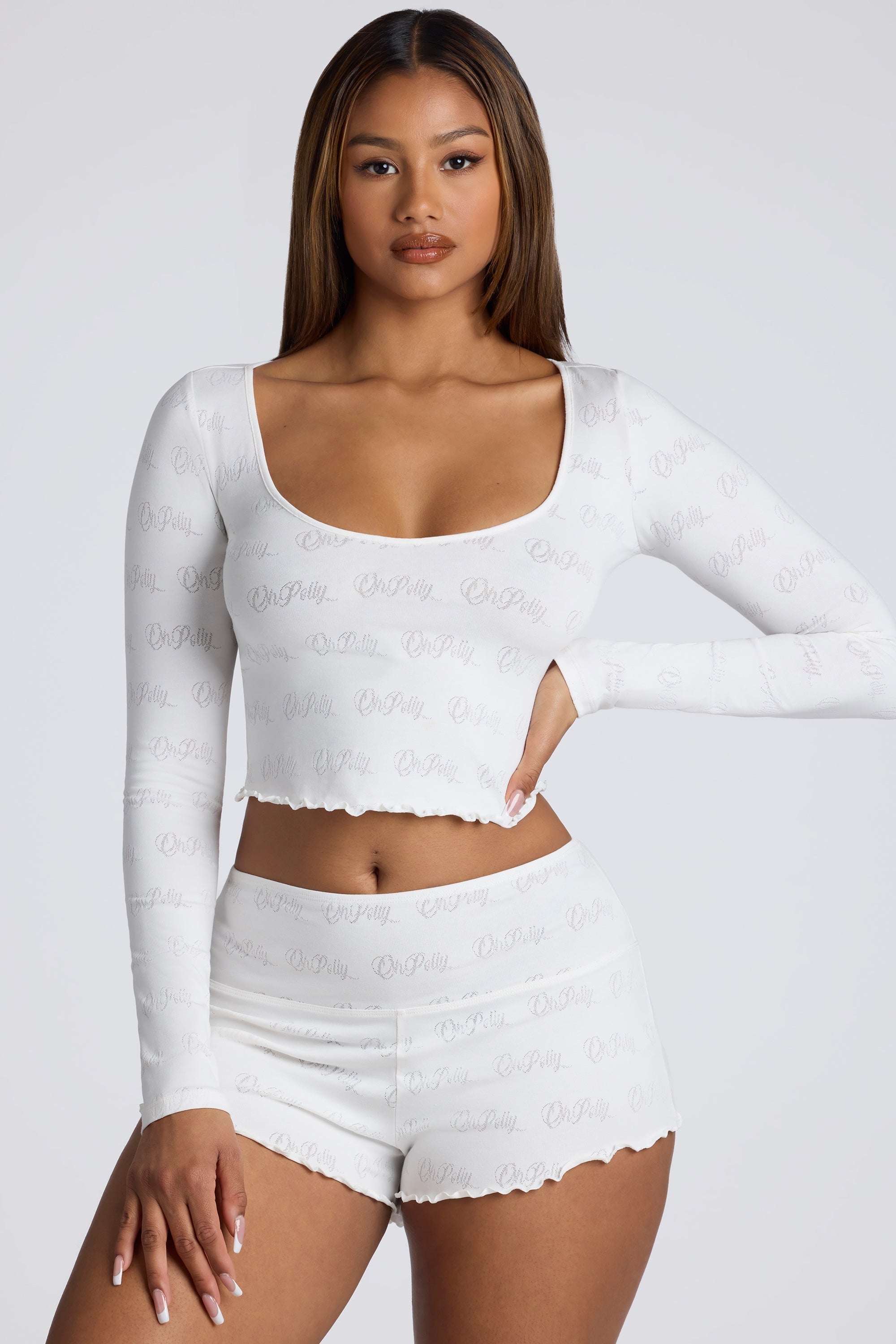 Loungewear Long Sleeve Scoop Neck Pointelle Crop Top in White Oh