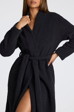 Tie Front Fleece Robe in Black