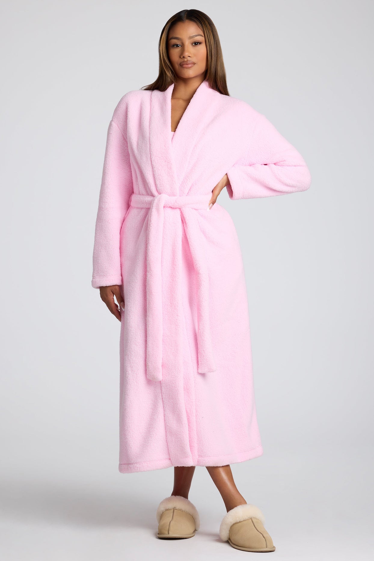 Tie Front Fleece Robe in Baby Pink