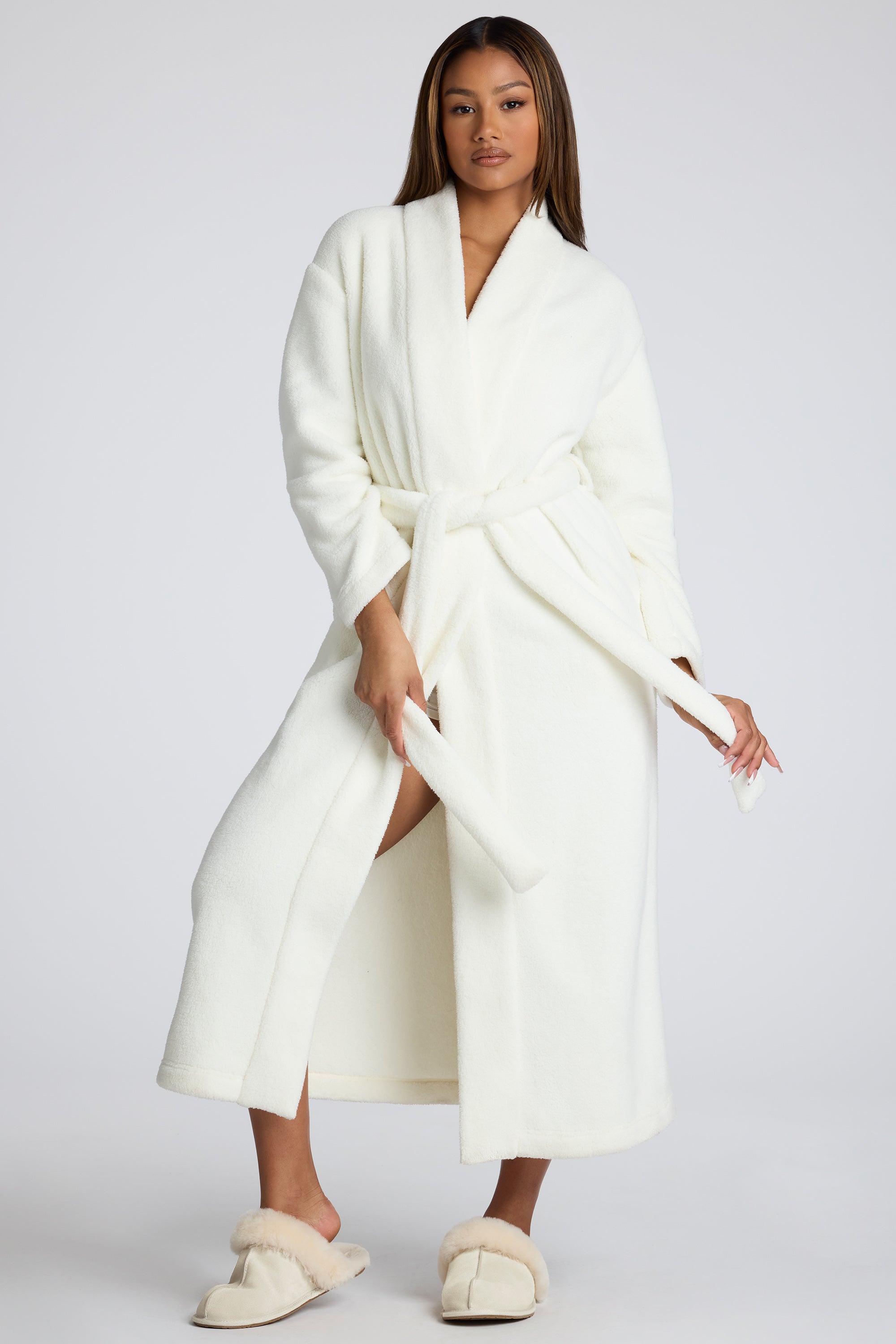 Tie Front Fleece Robe in White