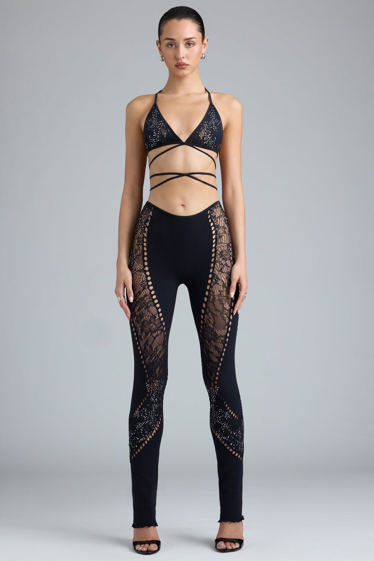 Embellished Mid-Rise Flared Trousers in Black