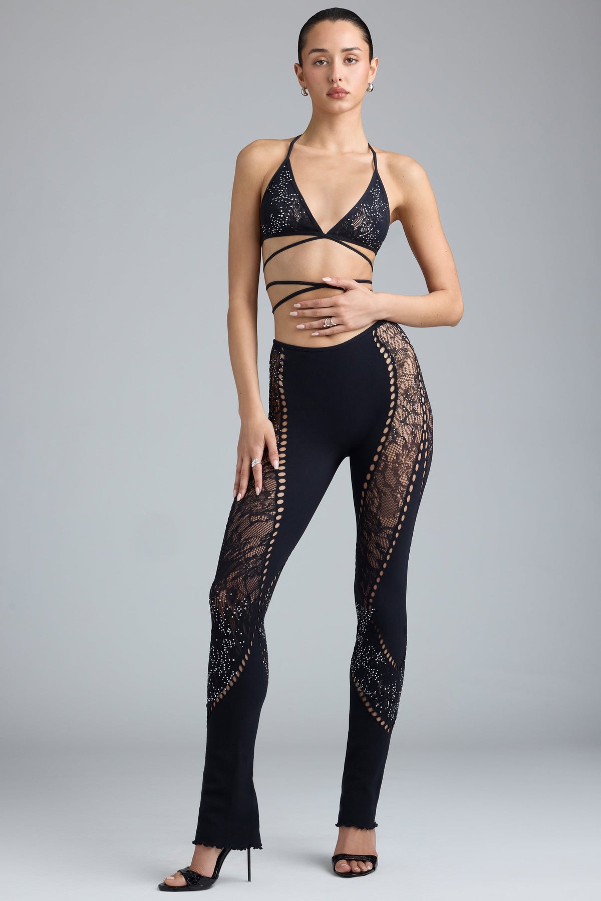 Embellished Mid-Rise Flared Trousers in Black