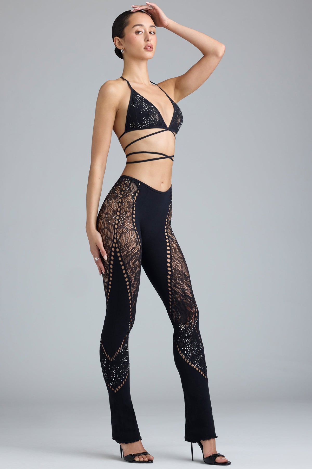Embellished Mid-Rise Flared Trousers in Black