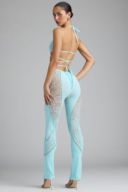 Petite Embellished Mid-Rise Flared Trousers in Ice Blue