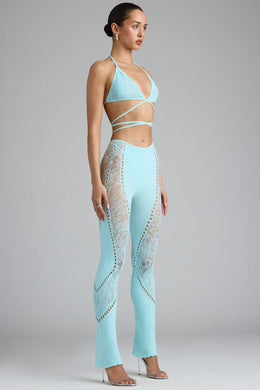 Petite Embellished Mid-Rise Flared Trousers in Ice Blue