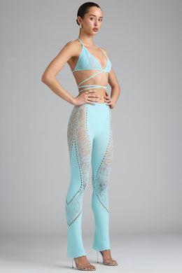 Embellished Mid-Rise Flared Trousers in Ice Blue