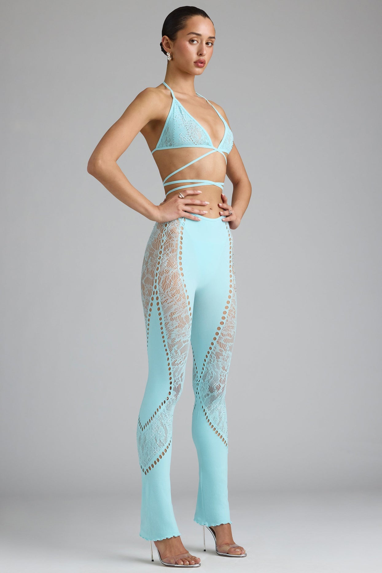 Petite Embellished Mid-Rise Flared Trousers in Ice Blue