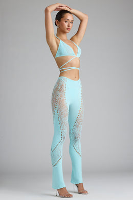 Petite Embellished Mid-Rise Flared Trousers in Ice Blue