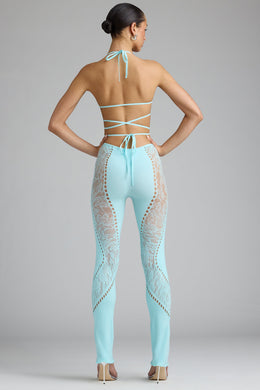 Tall Embellished Mid-Rise Flared Trousers in Ice Blue