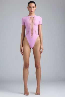 Lace-Up Bodysuit in Violet Pink