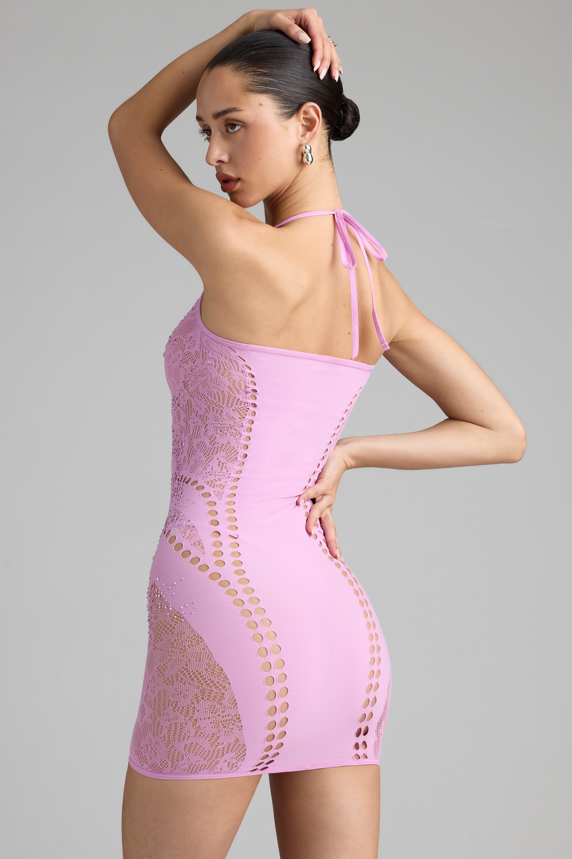 Embellished Halterneck Mini Dress in Violet Pink