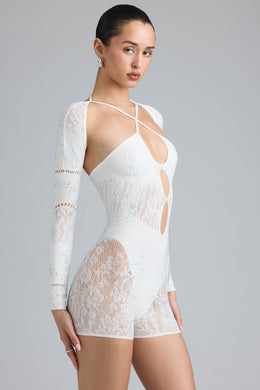 Embellished Cut-Out Unitard in Ivory