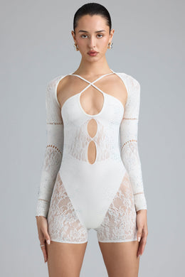 Embellished Cut-Out Unitard in Ivory
