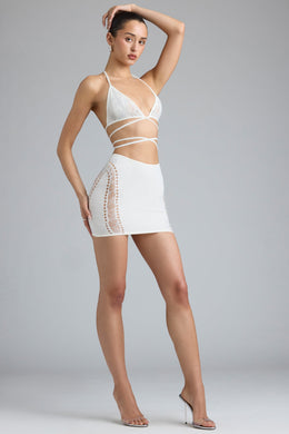Embellished Cross-Strap Bikini Top in Ivory