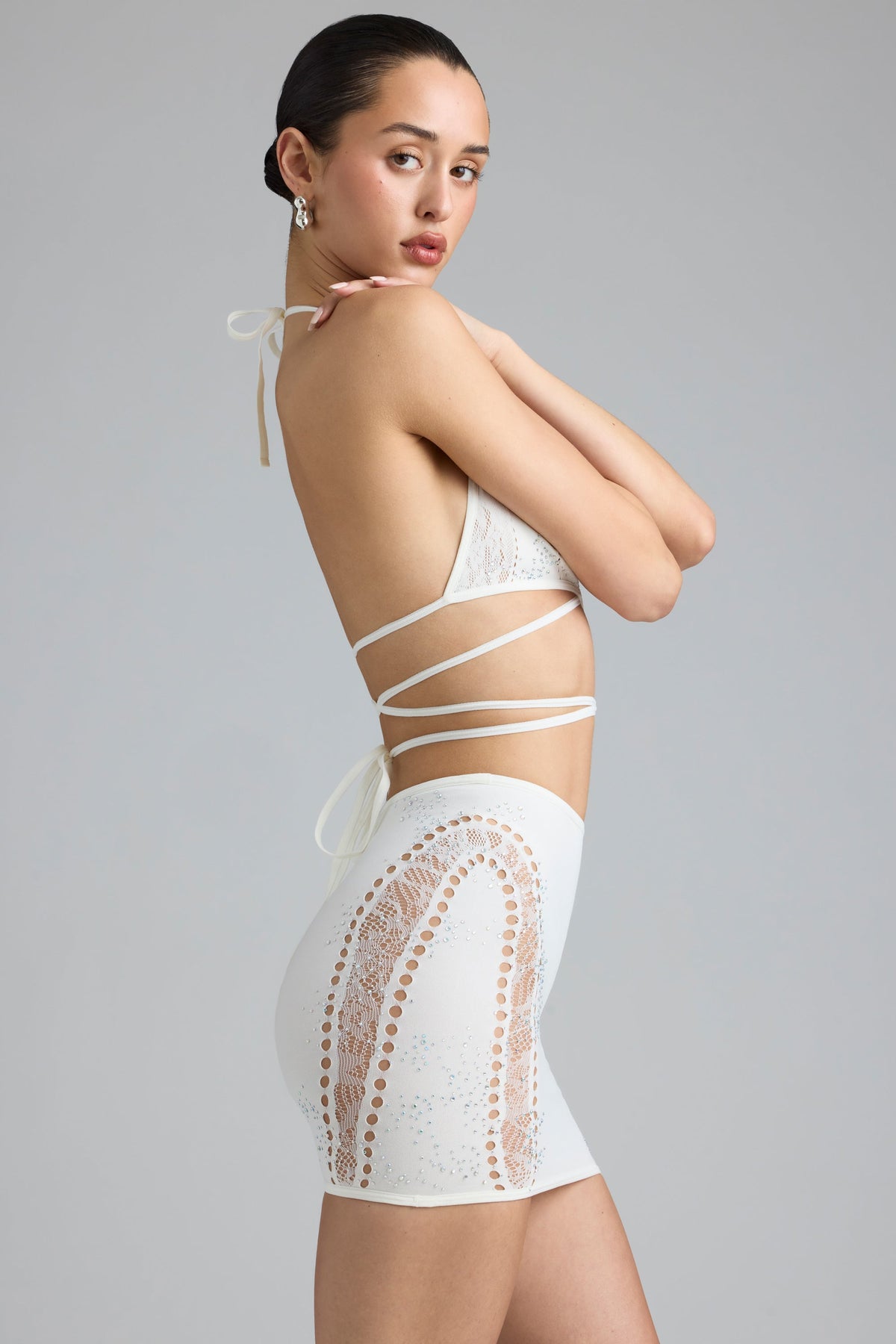 Embellished Mid-Rise Mini Skirt in Ivory