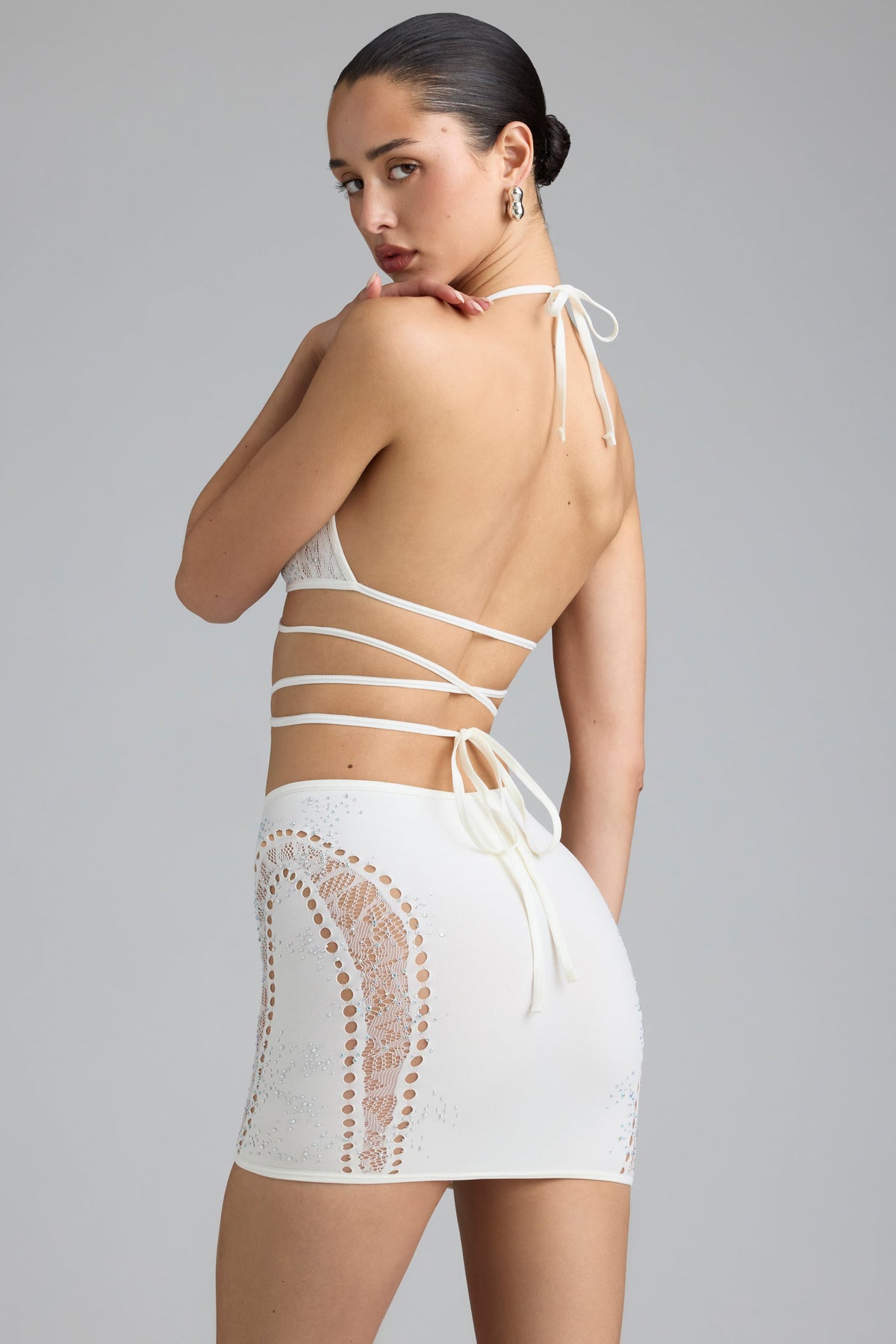 Embellished Mid-Rise Mini Skirt in Ivory