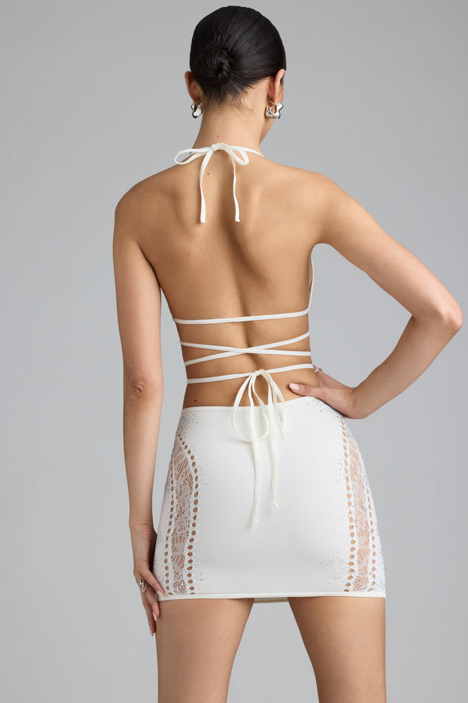 Embellished Cross-Strap Bikini Top in Ivory