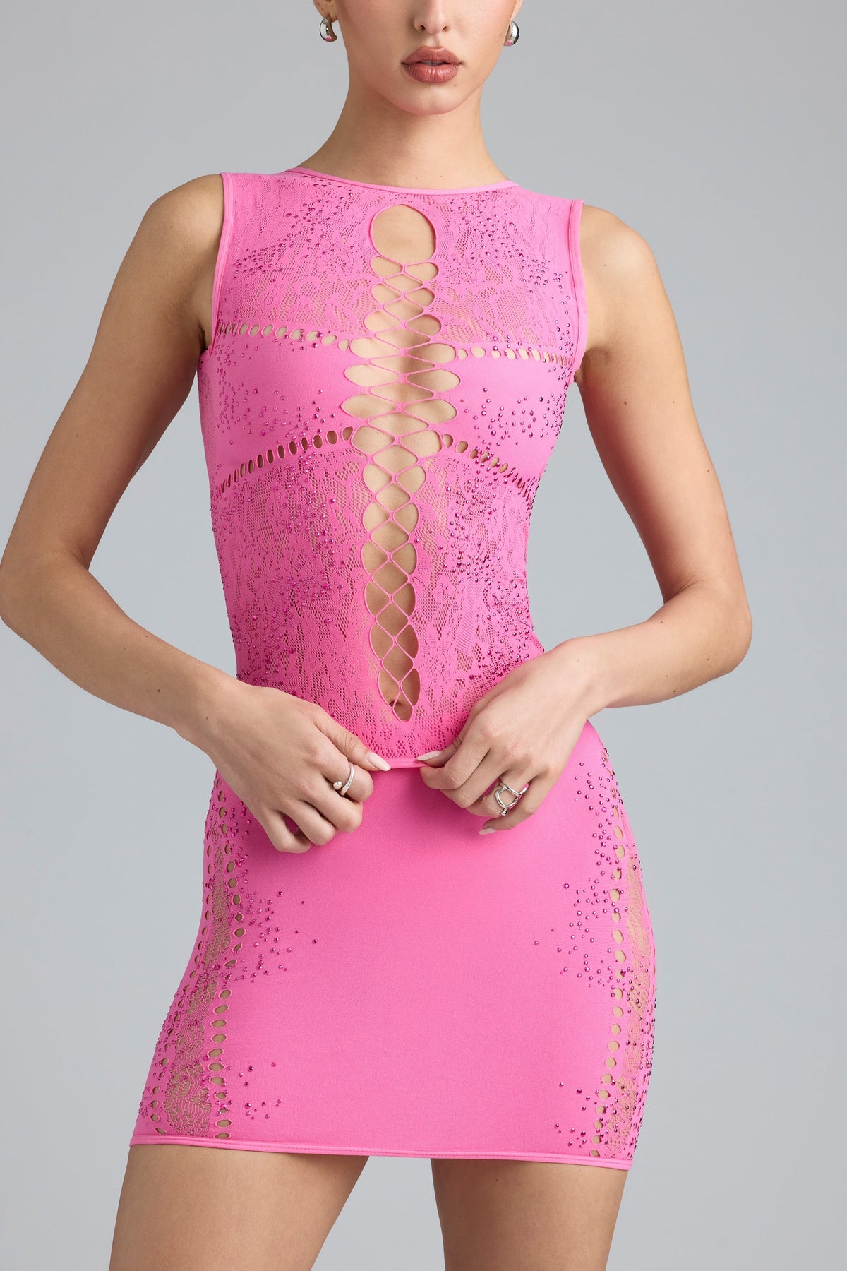 Embellished Lace-Up High-Neck Top in Bubblegum Pink