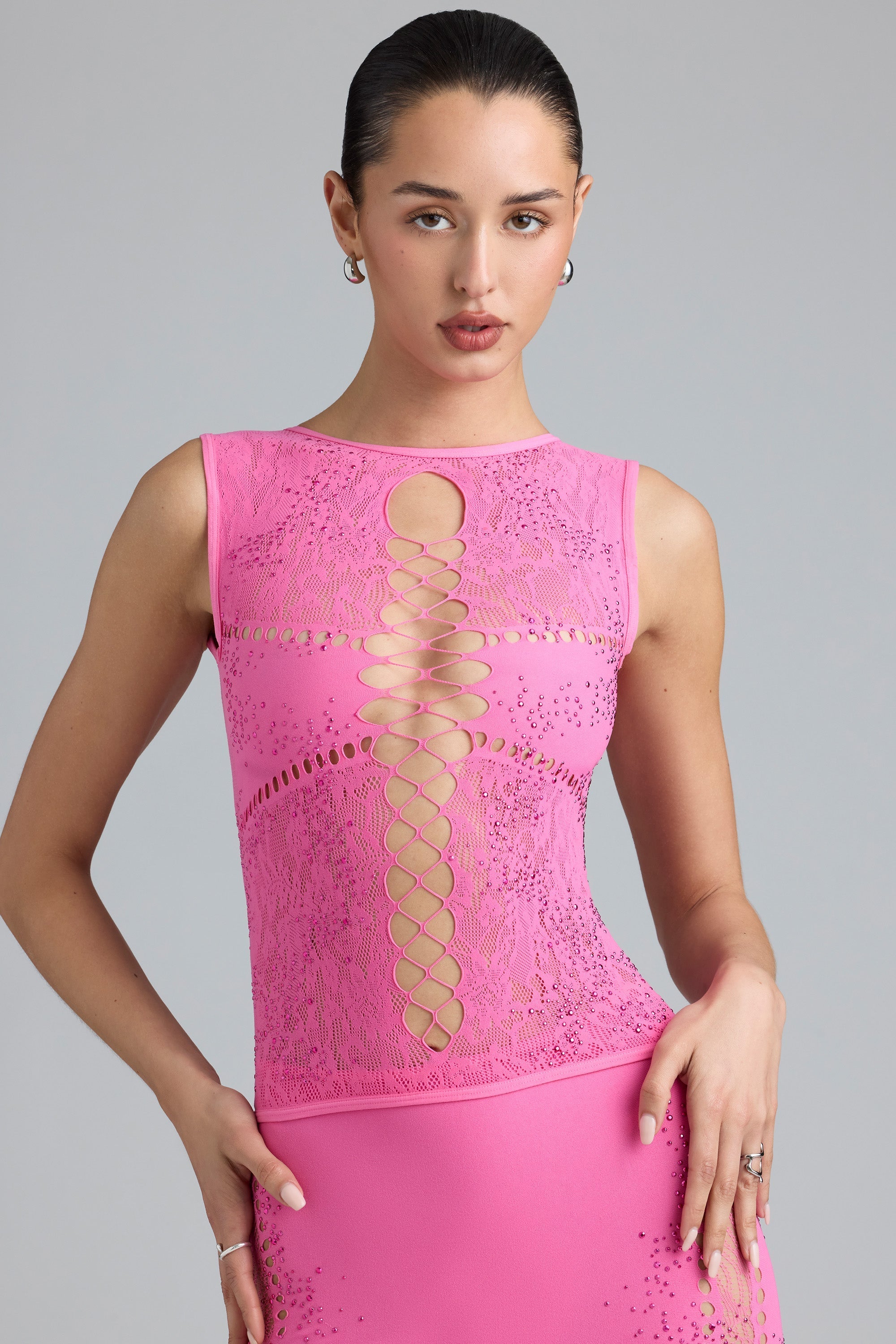 Embellished Lace-Up High-Neck Top in Bubblegum Pink