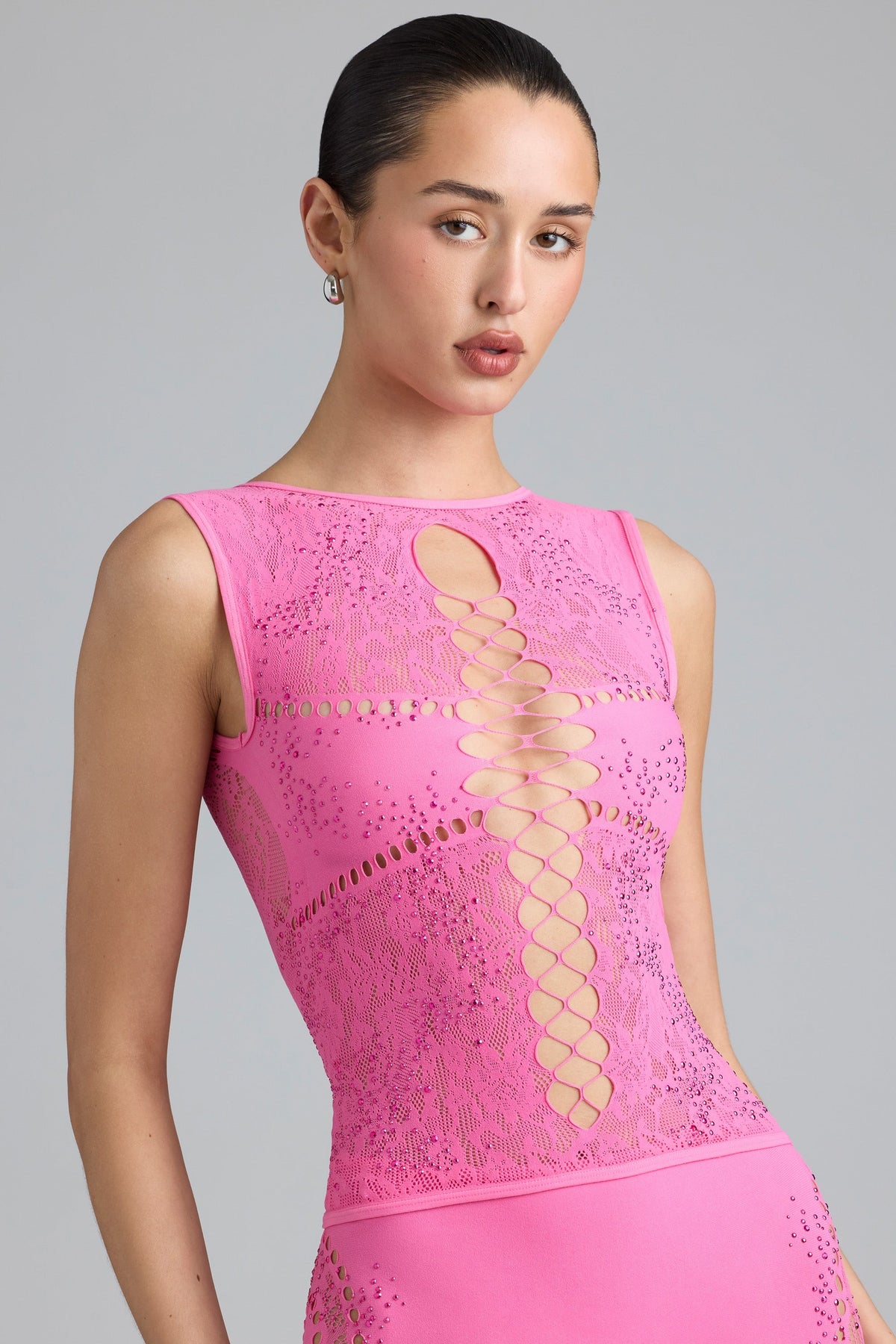Embellished Lace-Up High-Neck Top in Bubblegum Pink