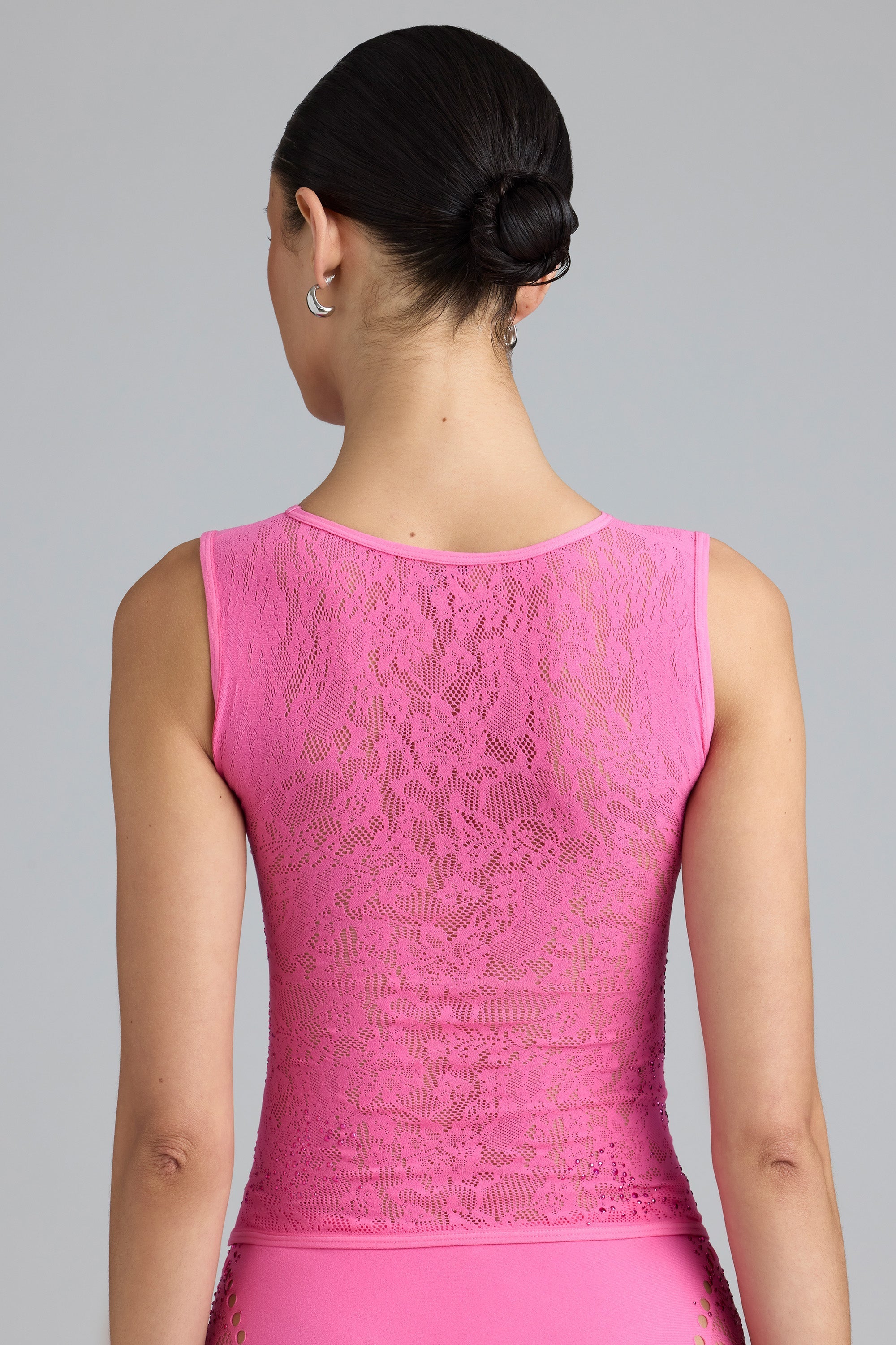 Embellished Lace-Up High-Neck Top in Bubblegum Pink