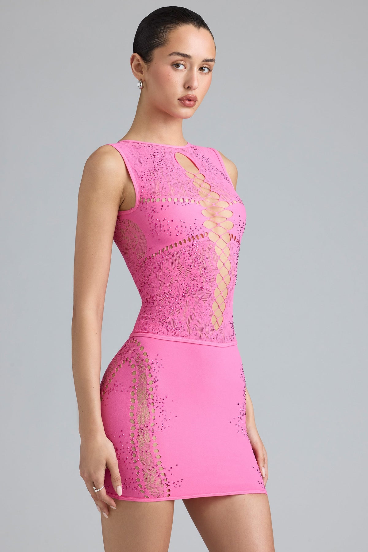 Embellished Lace-Up High-Neck Top in Bubblegum Pink
