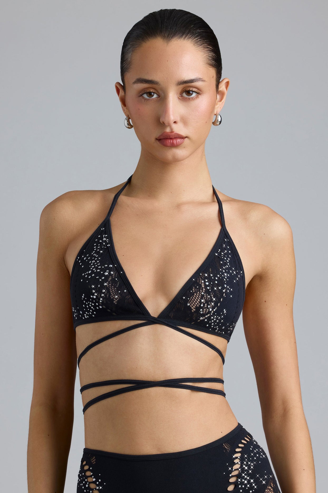 Embellished Cross-Strap Bikini Top in Black - 5