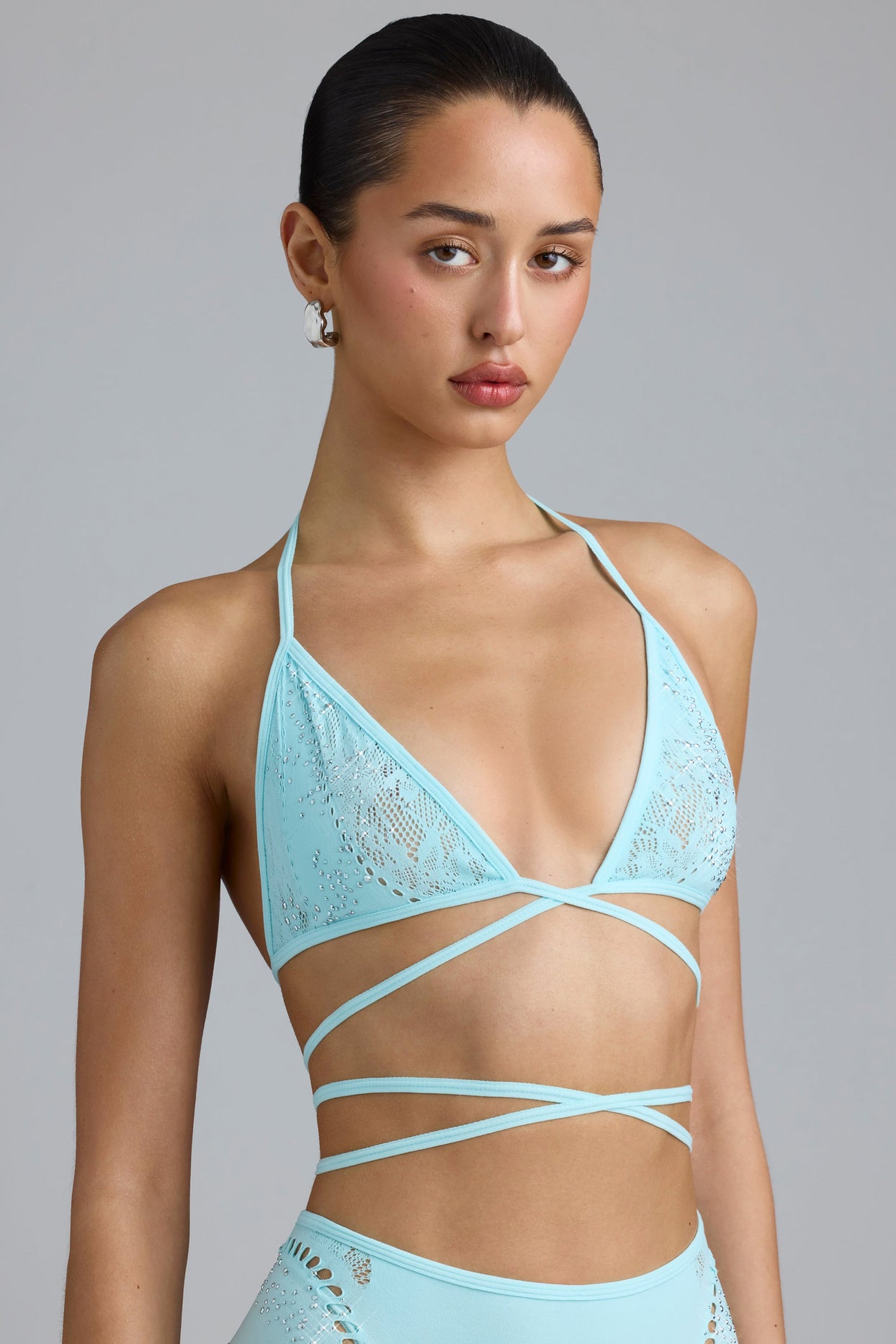 Embellished Cross-Strap Bikini Top in Ice Blue - 7