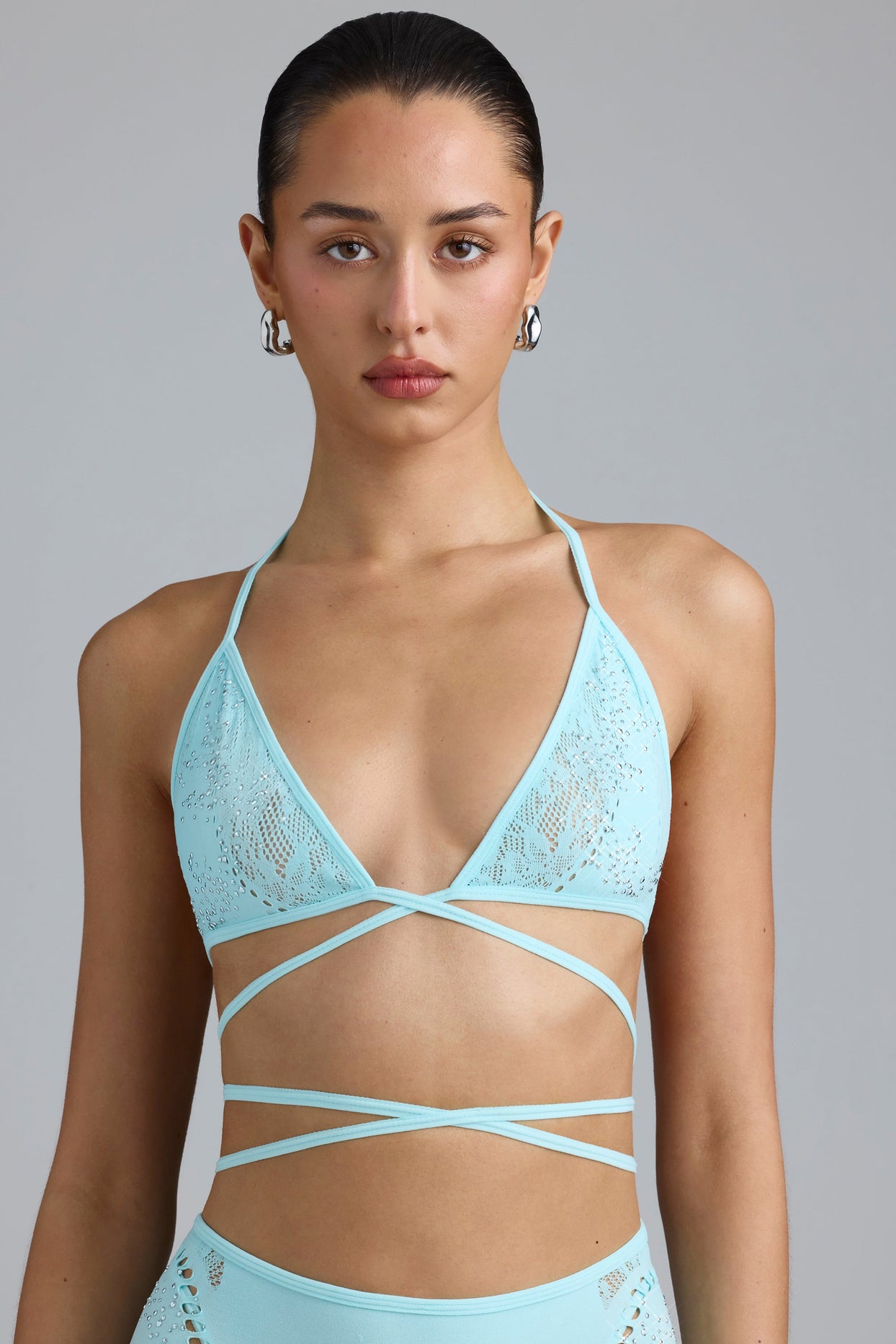 Embellished Cross-Strap Bikini Top in Ice Blue - 6