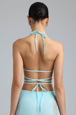 Embellished Cross-Strap Bikini Top in Ice Blue