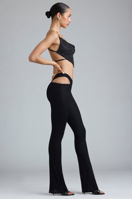 Tall Metallic Cut-Out Low-Rise Flared Trousers in Black