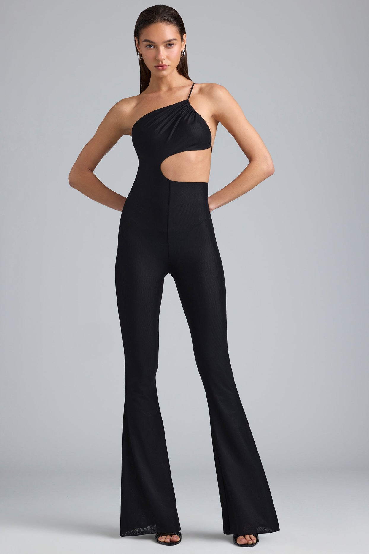 Tall Metallic Ruched Cut-Out Flared Jumpsuit in Black