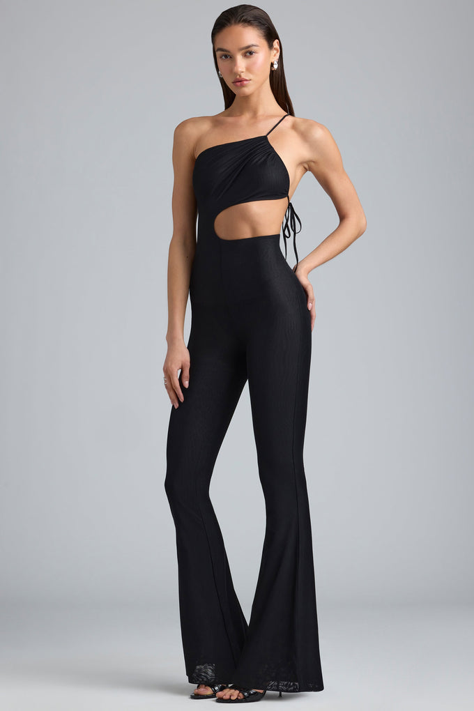 Petite Metallic Ruched Cut-Out Flared Jumpsuit in Black