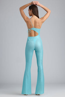 Tall Metallic Ruched Cut-Out Flared Jumpsuit in Ice Blue