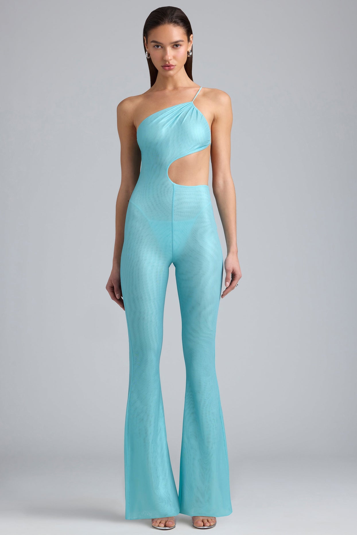 Tall Metallic Ruched Cut-Out Flared Jumpsuit in Ice Blue