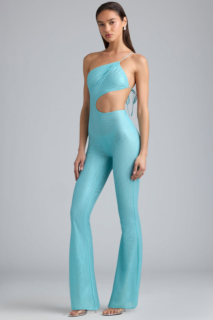 Petite Metallic Ruched Cut-Out Flared Jumpsuit in Ice Blue