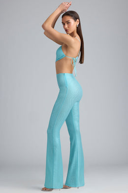 Tall Metallic Ruched Cut-Out Flared Jumpsuit in Ice Blue