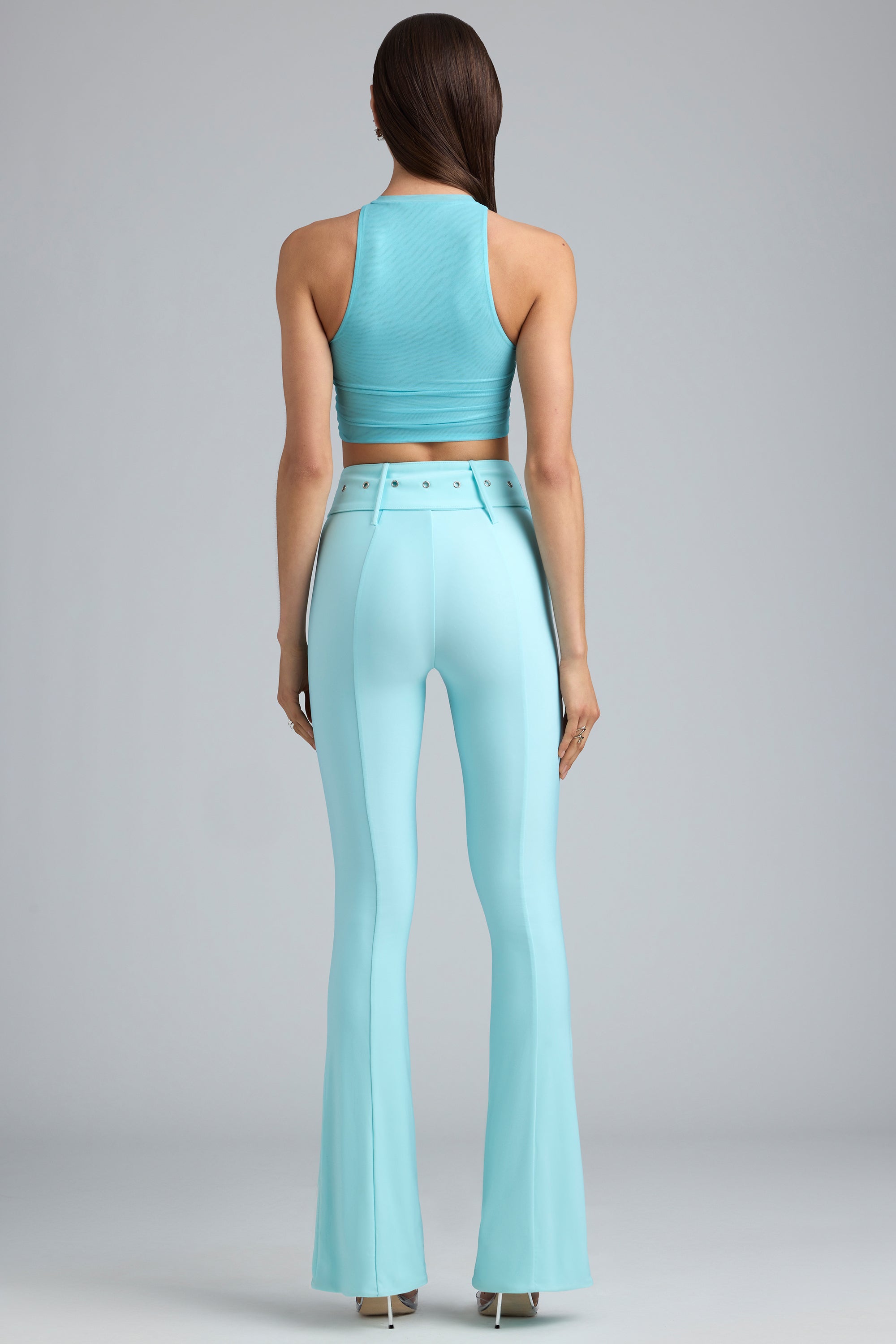 Metallic Belted Mid-Rise Flared Trousers in Ice Blue