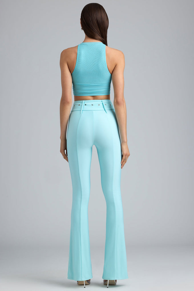 Petite Metallic Belted Mid-Rise Flared Trousers in Ice Blue