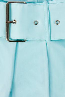 Tall Metallic Belted Mid-Rise Flared Trousers in Ice Blue