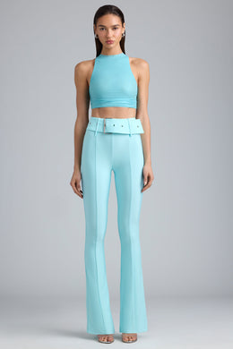 Tall Metallic Belted Mid-Rise Flared Trousers in Ice Blue