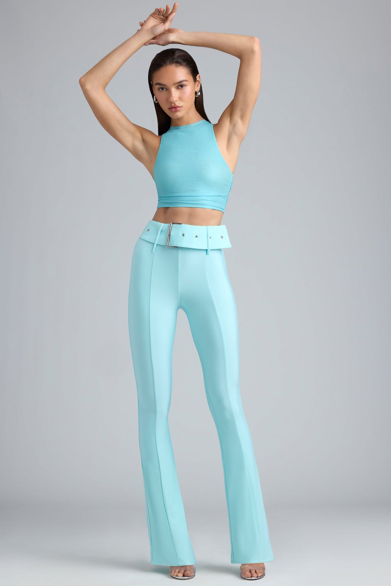 Tall Metallic Belted Mid-Rise Flared Trousers in Ice Blue