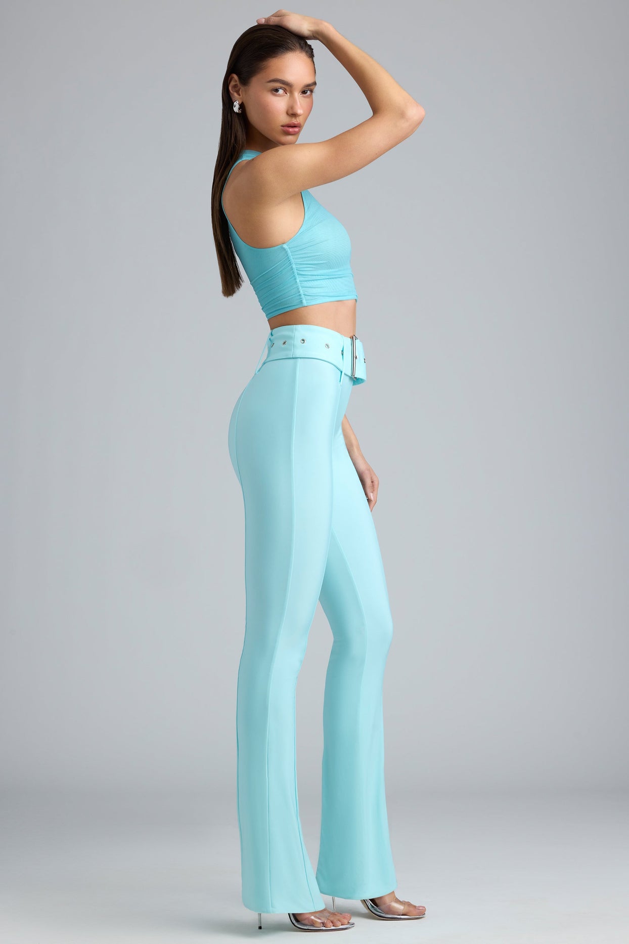 Tall Metallic Belted Mid-Rise Flared Trousers in Ice Blue